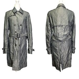 Burberry London Metallic Charcoal Crinkle Trench Coat Belted Double Breasted 180